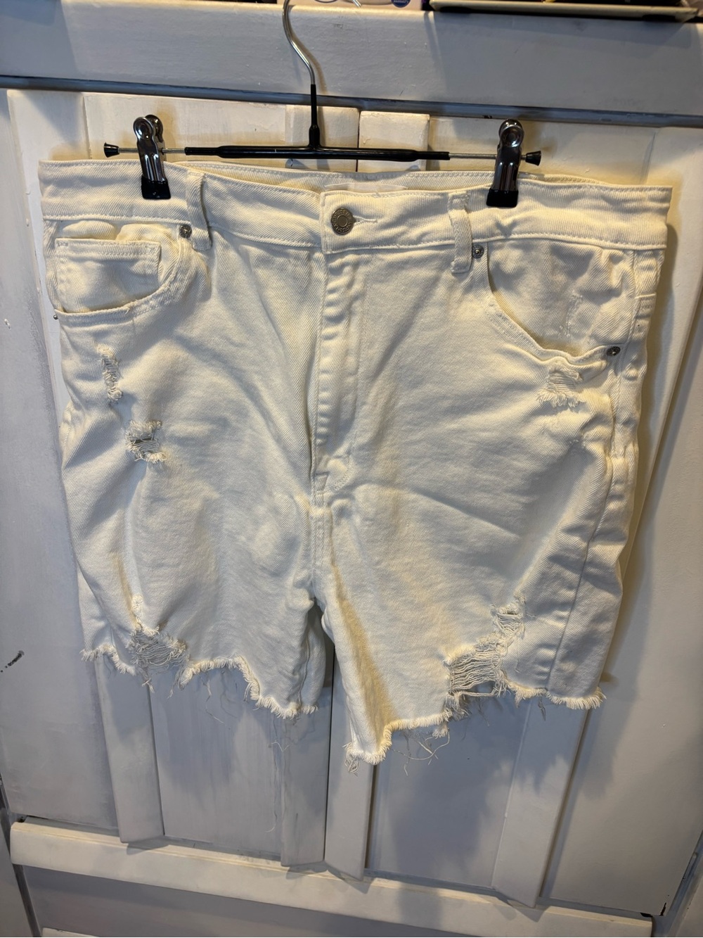 High-Rise Distressed White Denim Jean Shorts